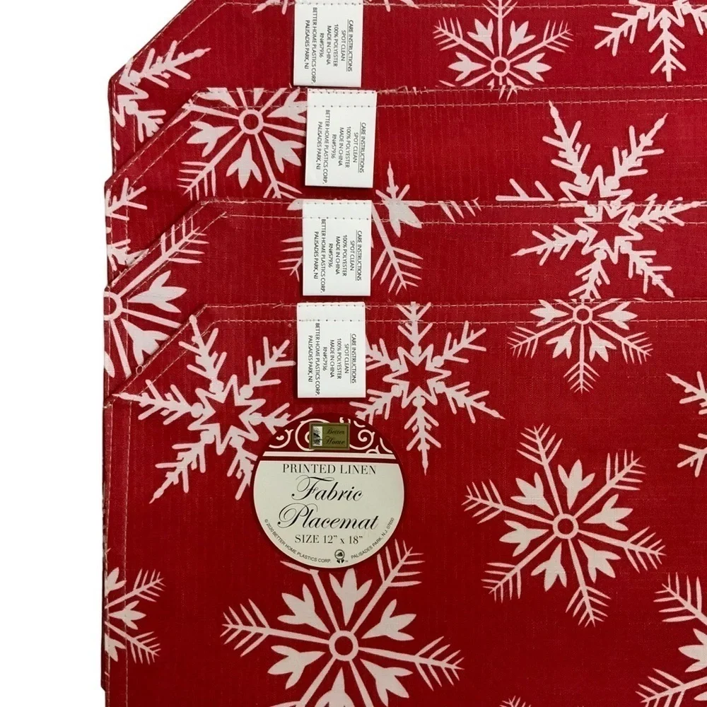 Placemats Fabric Reversible Linen Print Holiday Christmas Snowflake Red White
